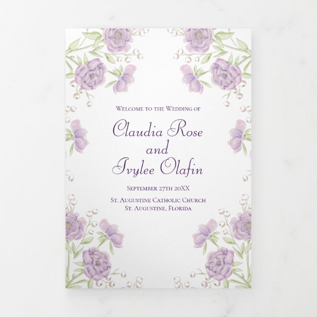 Programa Com Borda Tripla Lavender Purple Rose Wedding Programs (Cobrir)