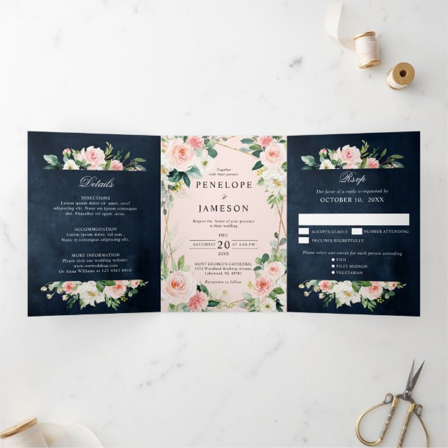 Programa Com Borda Tripla Marinho Blush Azul Floral Geométrico Botânico T (Dentro)