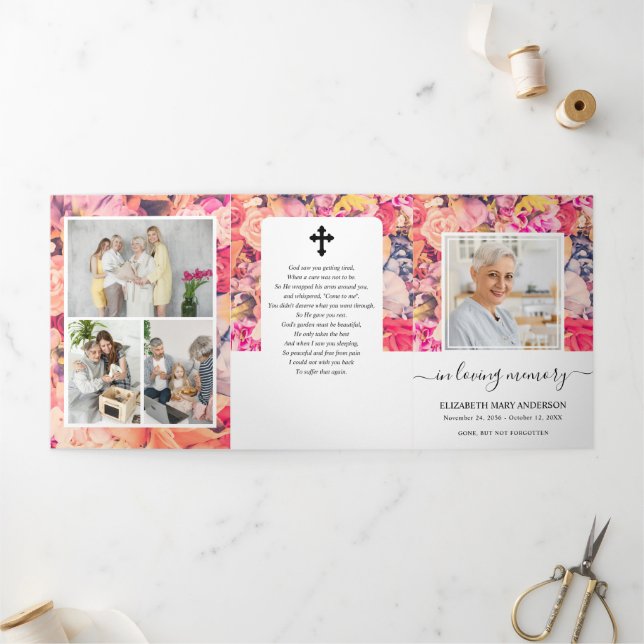 Programa Com Borda Tripla Memorial Multiple Floral Funeral Tri-Fold Program (Fora)