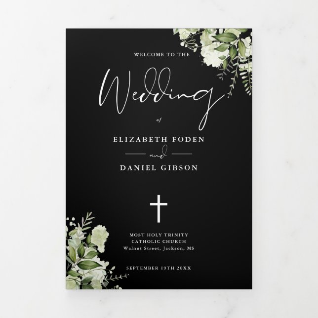 Programa Com Borda Tripla Missa de Casamento Católica Floral Verde (Cobrir)