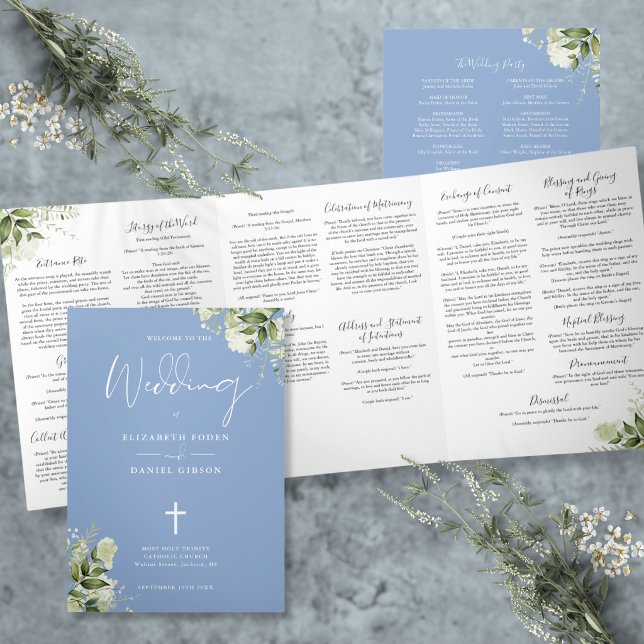 Programa Com Borda Tripla Missa de Casamento Católica Floral Verde Azul (Greenery Floral Blue Catholic Wedding Mass Tri-Fold Program
)