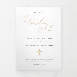 Programa Com Borda Tripla Missa de Casamento Católico Dourado Elegante