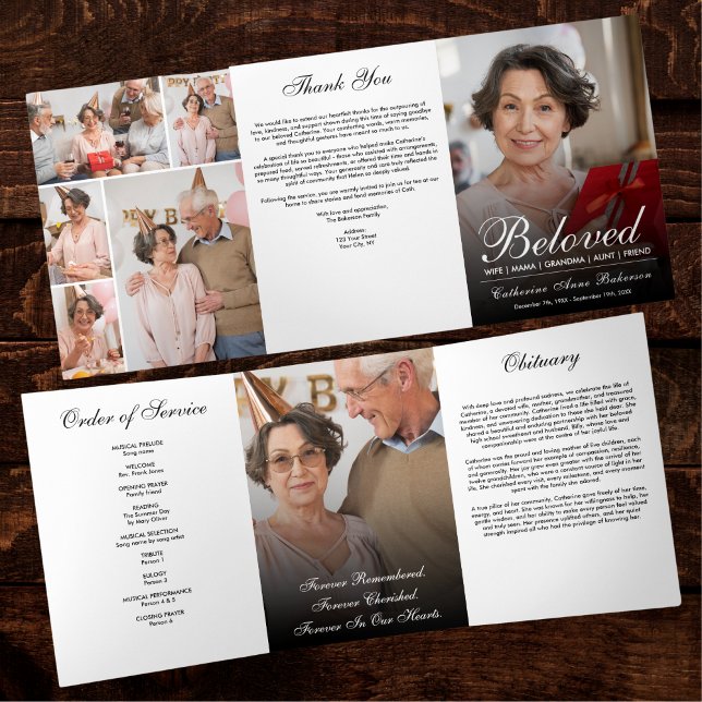 Programa Com Borda Tripla Modern Script 7-Photo Trifold Funeral Program (Criador carregado)