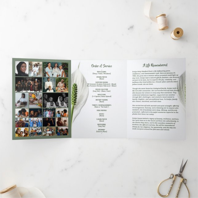 Programa Com Borda Tripla Peace Lily Photo Collage Tri‑Fold Funeral Template (Dentro)
