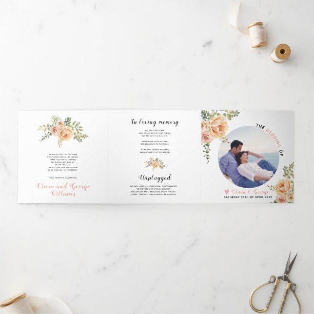 Programa Com Borda Tripla Pêssegos, flores aquáticas, folhas verdes, fotogra (Fora)