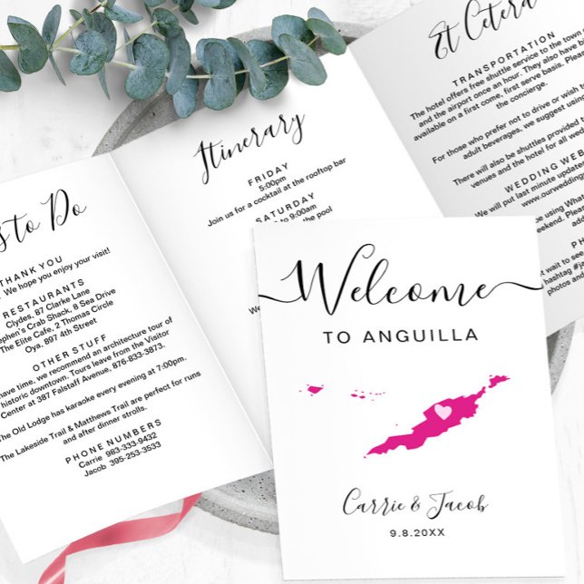 Programa Com Borda Tripla Qualquer Itinerário de Boas-vindas do Anguilla Col (Anguilla Wedding Welcome Bag Trifold Card & Itinerary)