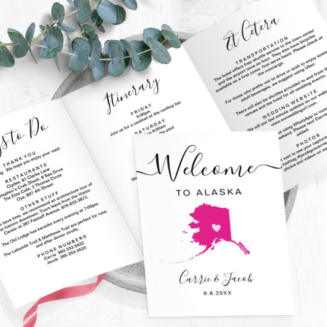 Programa Com Borda Tripla Qualquer Letra Itinerária De Boas-Vindas Do Alaska (Alaska Wedding Welcome Letter & Itinerary Trifold Card for Welcome Bags)