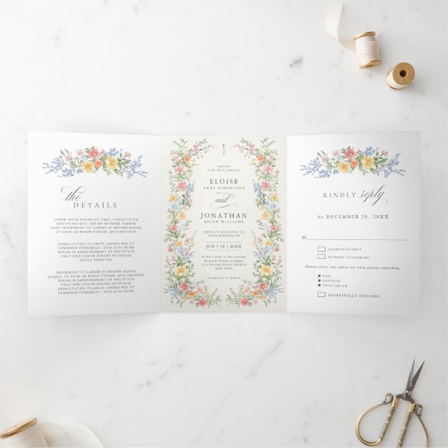 Programa Com Borda Tripla Soft Pastel Ornate Spring Garden Wedding invite (Dentro)