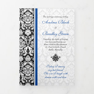 Programa Com Borda Tripla Vintage Damask Blue Black Tri-Fold Weding Program