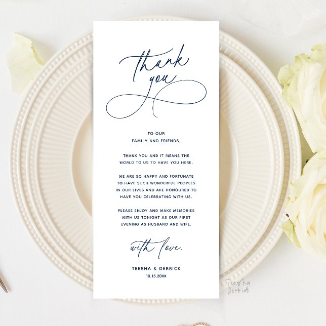 Programa Configuração de Jantar de Casamento Romântico Cart (Romantic Wedding Place Setting Thank You Card in Navy Blue)