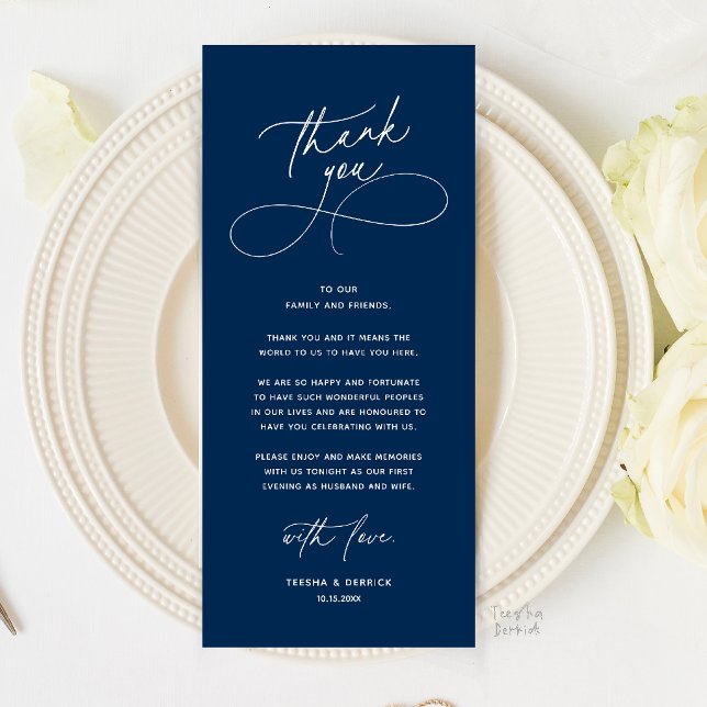 Programa Configuração de Jantar de Casamento Romântico Cart (Romantic Wedding Place Setting Thank You Card in Navy Blue)