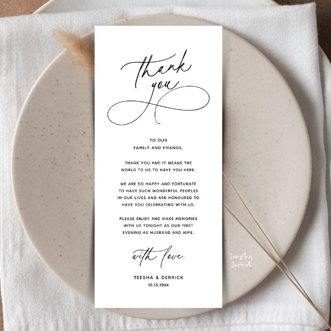 Programa Configuração de Jantar de Casamento Romântico Cart (Romantic Wedding Place Setting Thank You Card in Black and white)