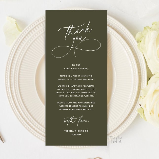 Programa Configuração de Jantar de Casamento Romântico Cart (Romantic Wedding Place Setting Thank You Card in Olive Green)