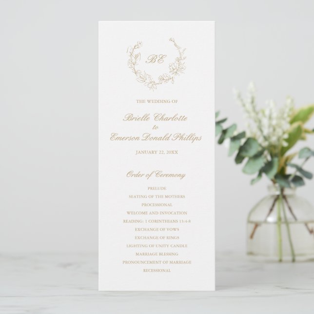 Programa Coroa de Ouro Monograma Casamento Elegante (Em pé/Frente)