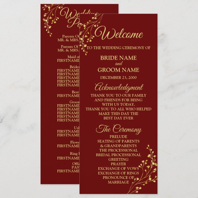 Programa Coroa Geométrica Floral Dourada Casamento Vermelho (Frente/Verso)