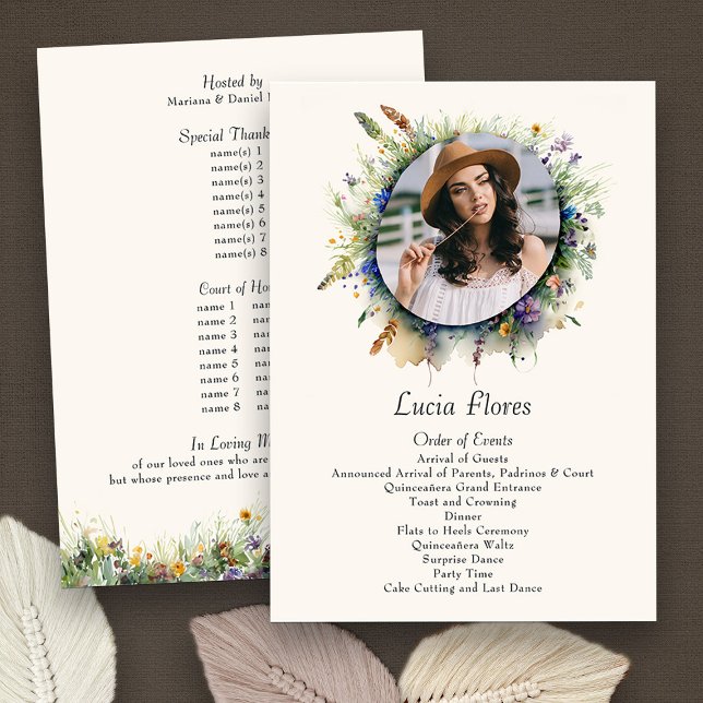 Programa Cowgirl Wildflower Foto Rustic Floral Quinceanera (Quinceanera Order of the Day Program from my Wildflower Cowgirl Hat Quinceanera Collection
)