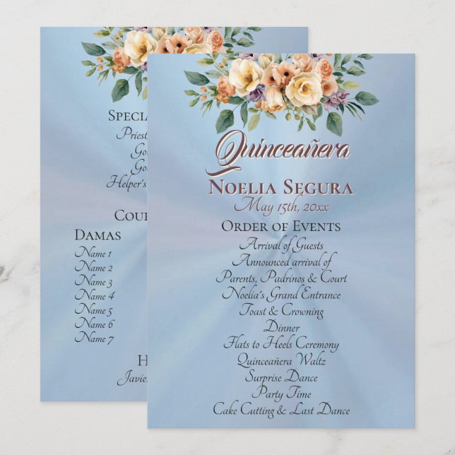 Programa Cream Floral Quinceanera Program - Pastel Blue (Frente/Verso)