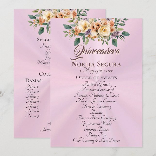 Programa Cream Floral Quinceanera Program - Pastel Pink (Frente/Verso)