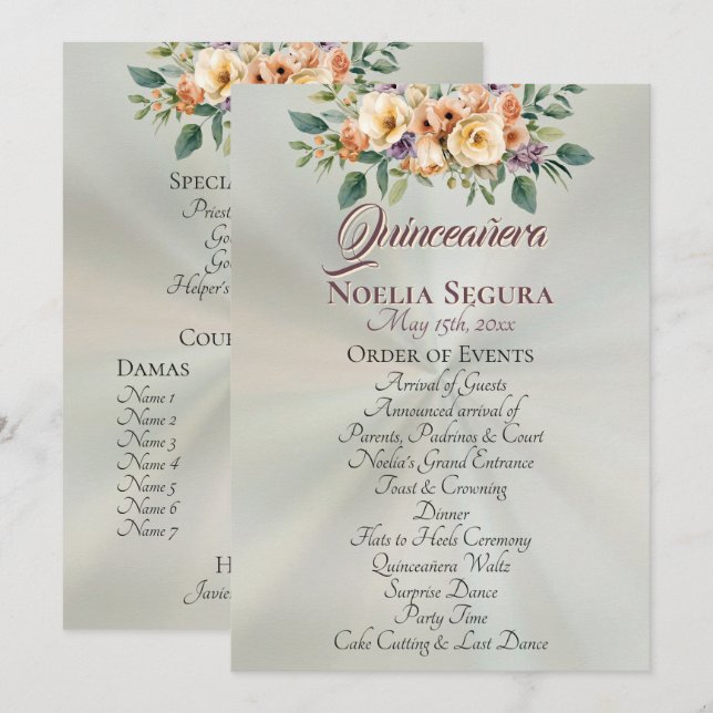 Programa Cream Floral Quinceanera Program - Pastel Sage (Frente/Verso)
