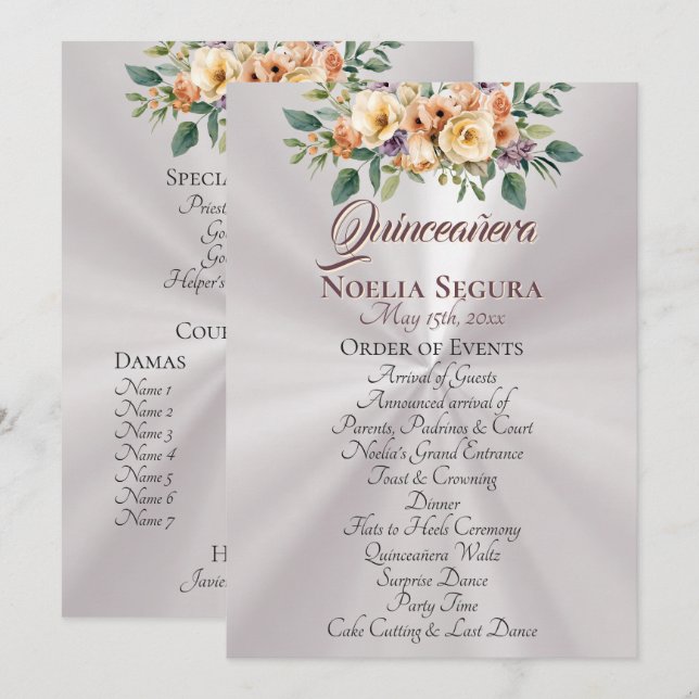 Programa Cream Floral Quinceanera Program - Pearl White (Frente/Verso)