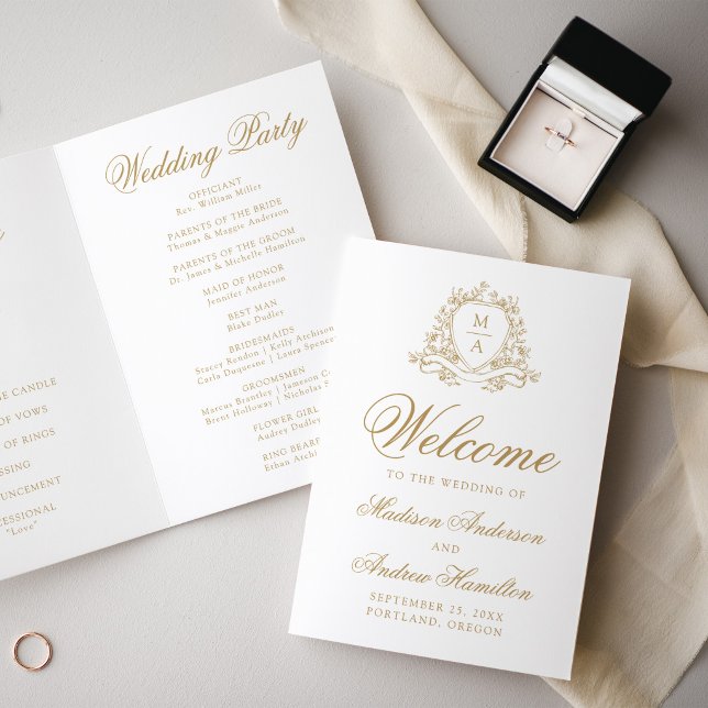 Programa Crest Floral Dourado Elegante Monograma Casamento (Criador carregado)