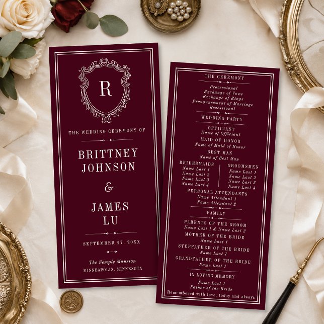 Programa Crest Monograma Antigo Casamento Burgundy e Marfim (Criador carregado)