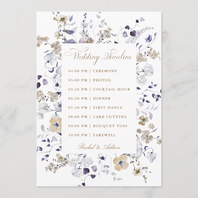 Programa Cronograma de Casamento Floral Roxo Branco Dourado (Frente)