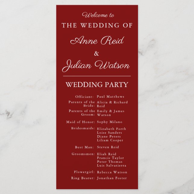 Programa Cronograma de Casamento Moderno Vermelho e Código  (Frente)