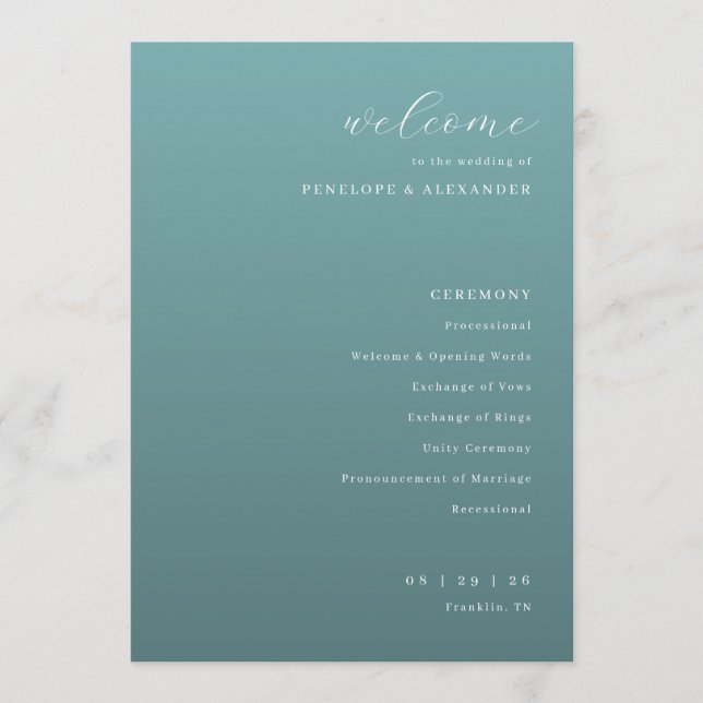 Programa Cronograma de Cerimônia de Casamento em Azul Turqu (Frente)