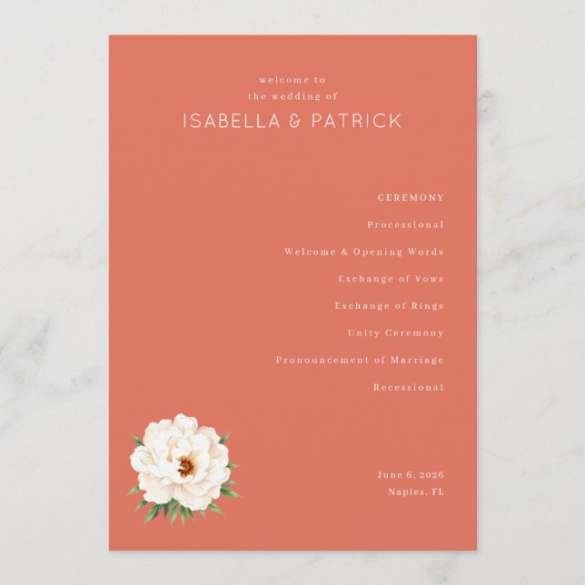 Programa Cronograma de Cerimônia de Casamento Floral Coral  (Frente)