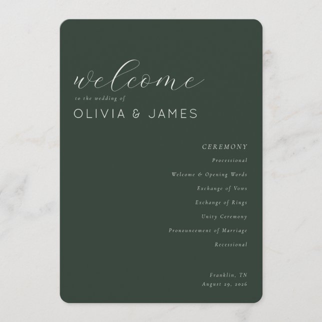 Programa Cronograma de Cerimônia de Casamento Verde Elegant (Frente)