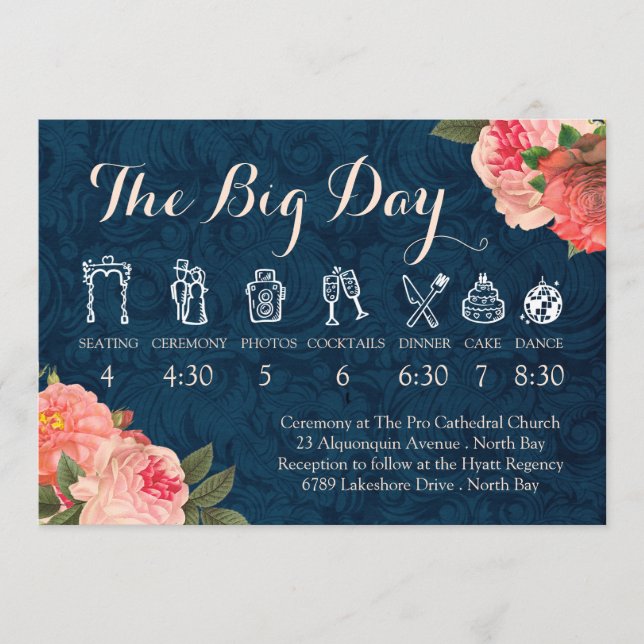 Programa Cronologia de Casamento Coral Peonies e Navy (Frente)