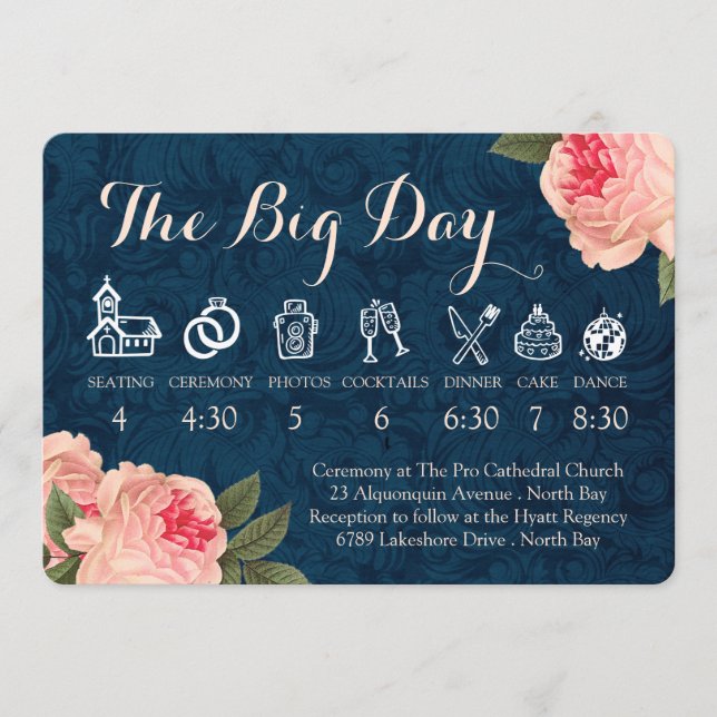 Programa Cronologia de Casamento Coral Peonies e Navy (Frente)