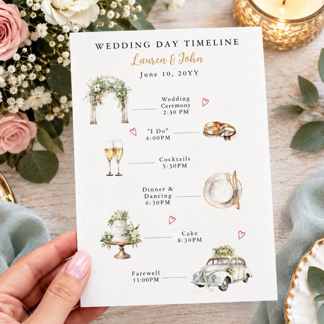 Programa Cronologia do dia do casamento ilustrada em aquare (Criador carregado)