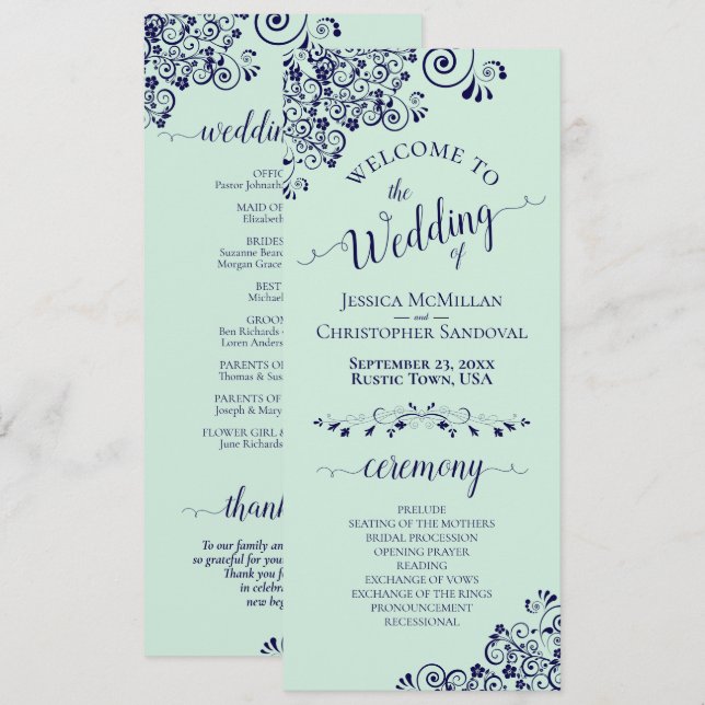 Programa Curls & Swirls Elegantes Casamento Verde e Marinho (Frente/Verso)