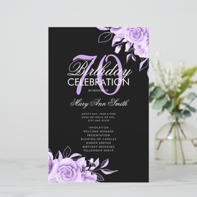 Programa de Aniversário de 70 Floral Preto Roxo co (Em pé/Frente)
