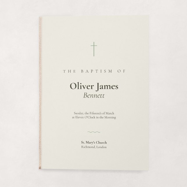 Programa de Batismo Grace Sage Minimal Cross Dobla (Grace | Sage - Folded Baptism Order of Service (String embellishment not included))