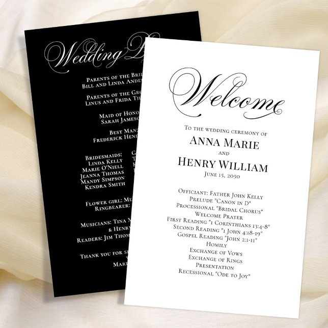 Programa de Boas-Vindas de Casamento em Letra de F (Black and white wedding ceremony simple calligraphy script program.)