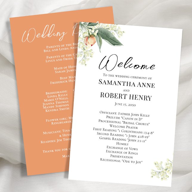 Programa de Boas-Vindas Floral de Caligrafia (Wedding program with peach and floral design.)