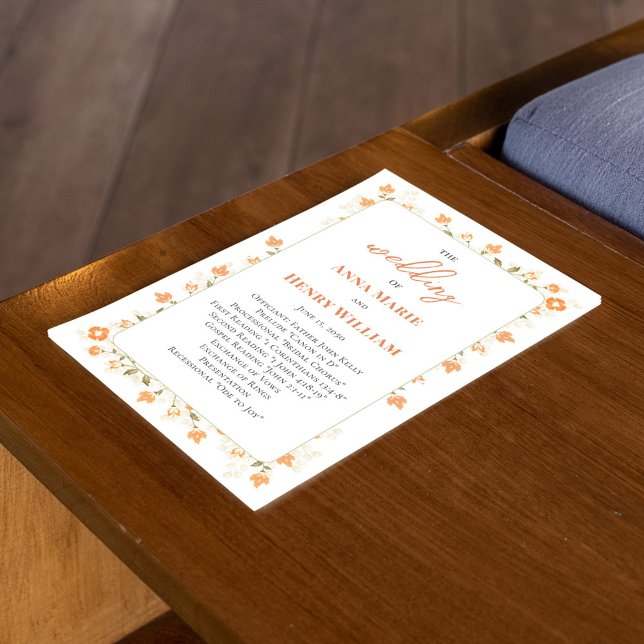 Programa de Caligrafia Floral de Peach (Welcome wedding program with elegant peach floral greenery and calligraphy script. )