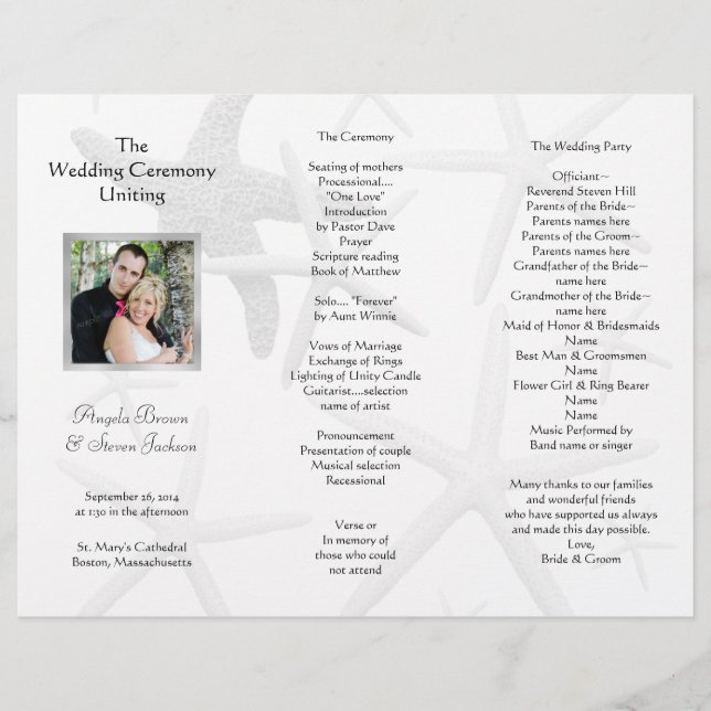 Programa de Casamento à Beira-Mar Tri-Dobrável Est (Frente)