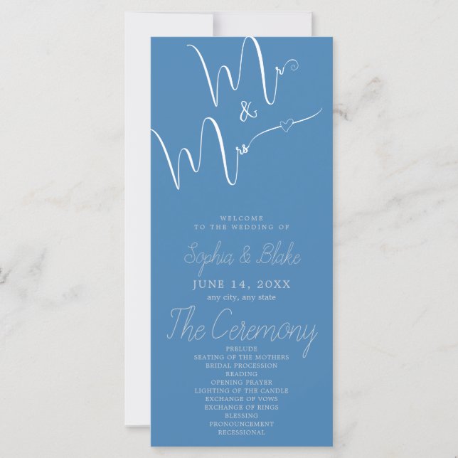 Programa de Casamento Aço Azul Minimalista Mr & Mr (Frente)