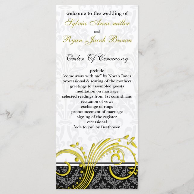 programa de casamento amarelo damask (Frente)