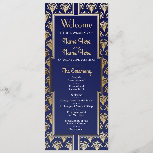 Programa de Casamento Aquarela Art Déco Dourado do (Frente)