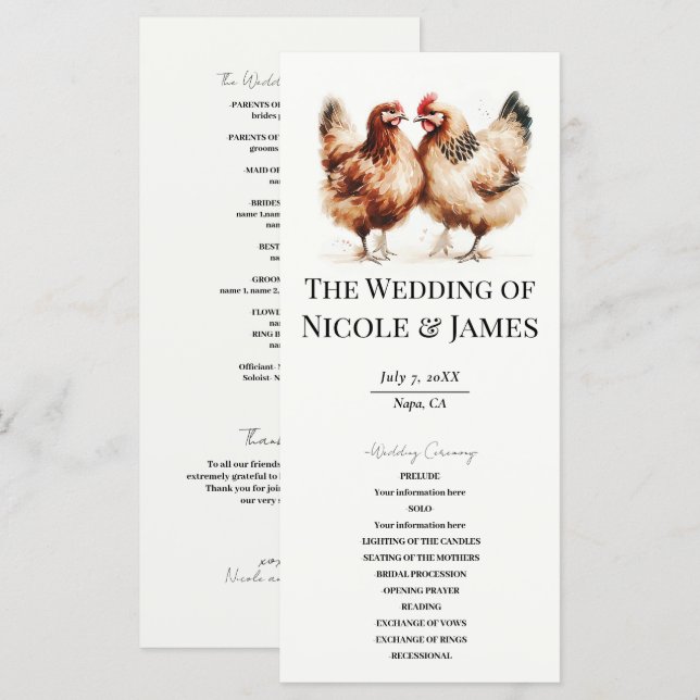 Programa de Casamento Aquarela Galinhas Marrons Pa (Frente/Verso)