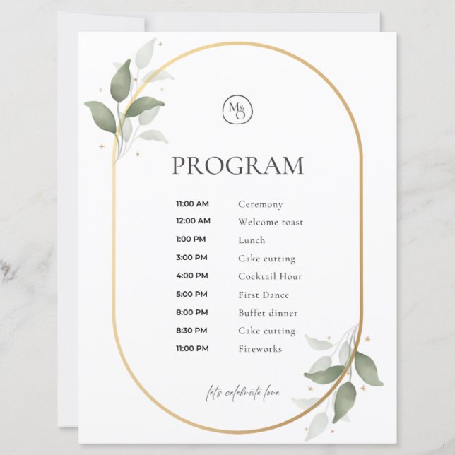 Programa de Casamento – Arco Dourado e Desenho Bot (Frente)