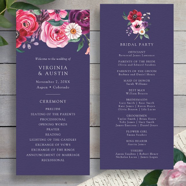 Programa de Casamento Azul de Marinho Floral (Watercolor Floral Navy Blue Wedding Program by Painted Paperie
)