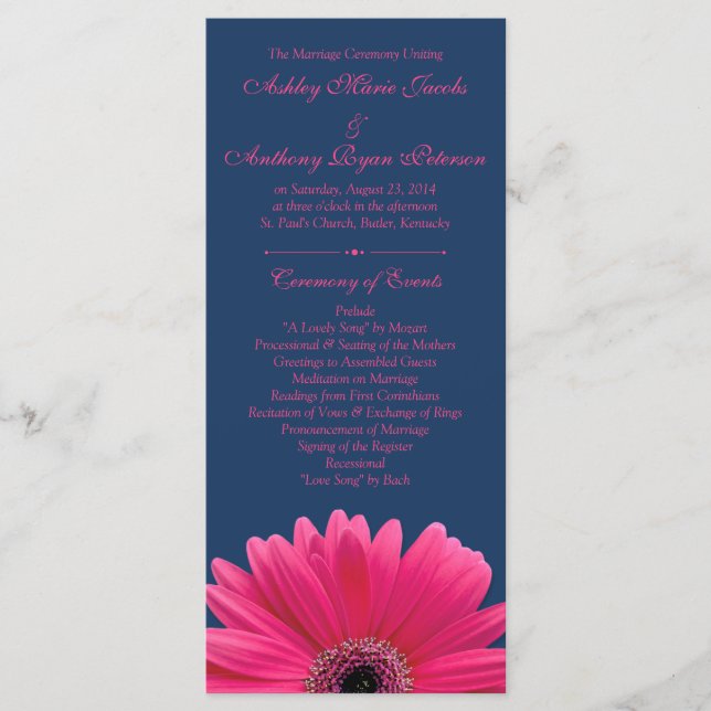 Programa de Casamento Azul de Marinho Gerbera Rosa (Frente)