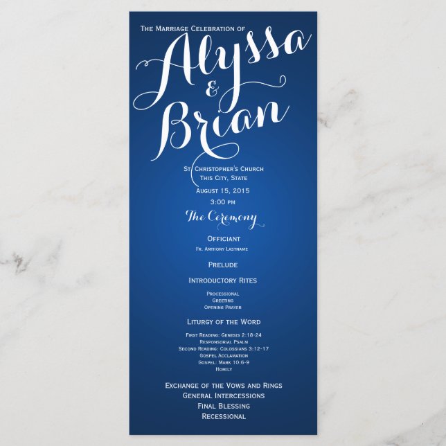 Programa de Casamento Azul de Texto do Designer (Frente)