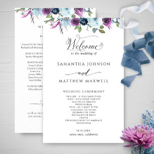Programa de Casamento Azul e Roxo Floral Elegante